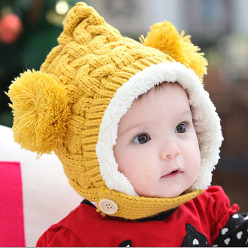Зимняя детская шапка, детская теплая вязаная шапочка для маленьких девочек, шапка с двумя помпонами, милая вязаная шапка для маленьких мальчиков и девочек с ушками - Цвет: Цвет: желтый