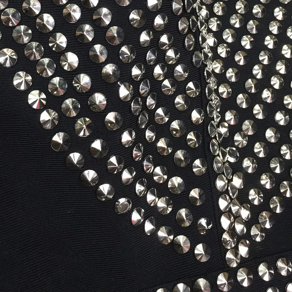 Shine Rivets Embellished Cut Out Mock Neck Bandage Black Legging Studded Sleeveless Long Leg Skinny Club Jumpsuit