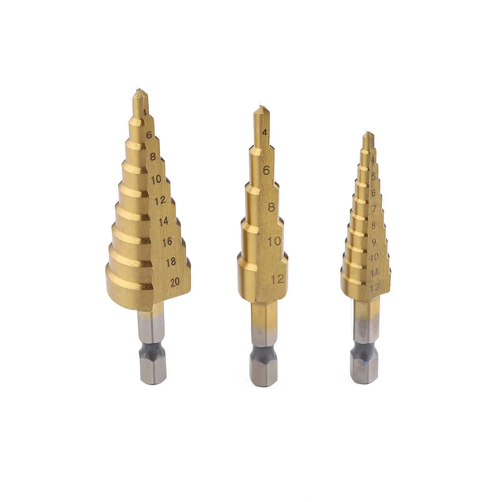 

3pcs/Set HSS steel Step Drill Bits Wood Tools 3-12mm 4-12mm 4-20mm Step Cone Cutting Tools Titanium-plated Step Drill set