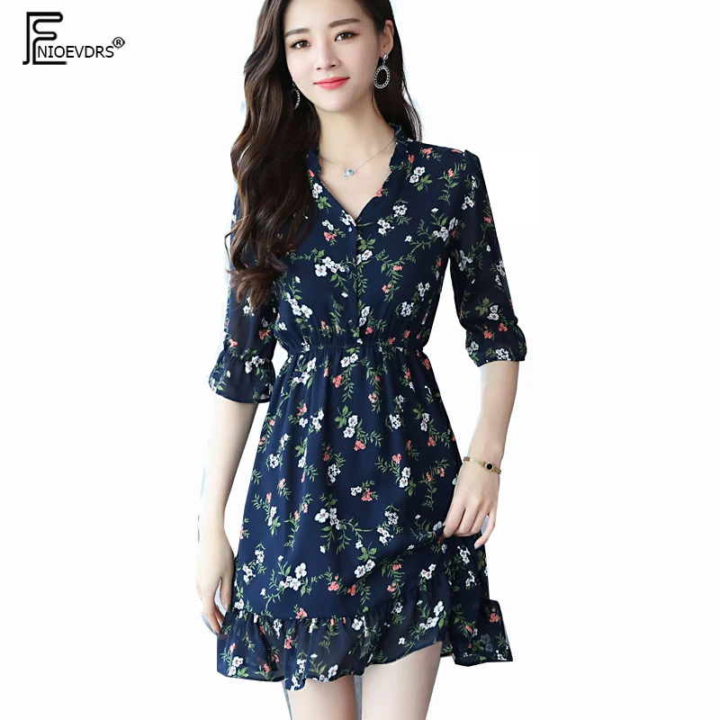 

Cute Sweet Ruffled Dresses Women Fashion Flare Sleeve Slim Waist A Line Vintage Floral Vintage Black Chiffon Shirt Dress 888