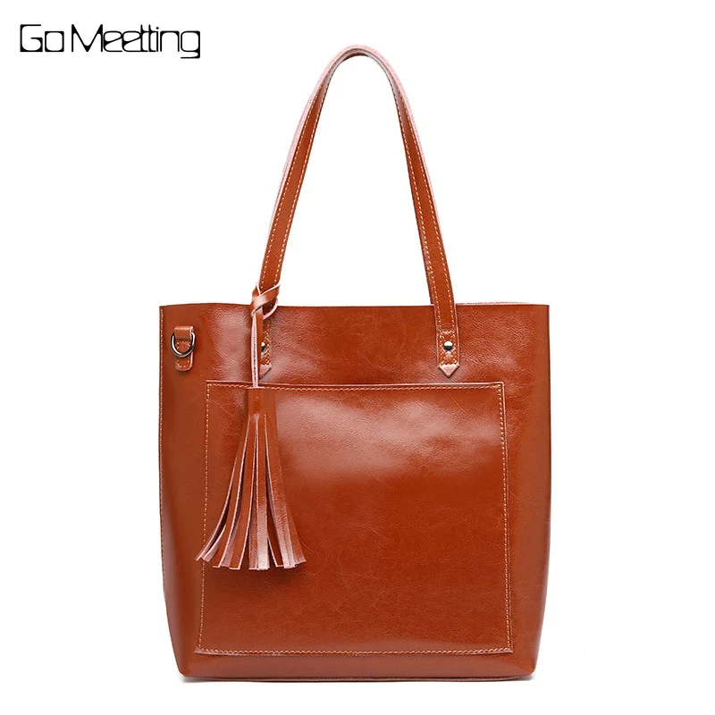 

Go Meetting Brand 2018 Fashion Women Handbag Genuine Leather Women Bag Soft Oil Wax Leather Shoulder Crossbody Bag Casual Tote