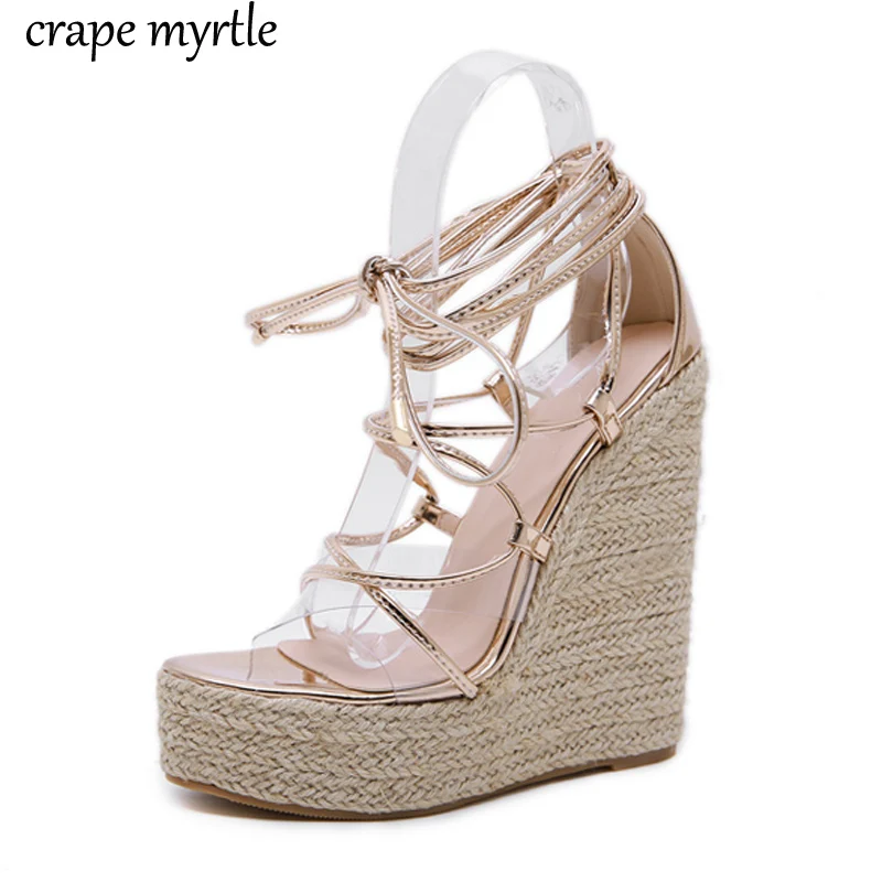 

Summer women Platform Super high Heels shoes Ankle strap Wedge Sandals elegant ladies Office Dress lace up Sandals YMA864