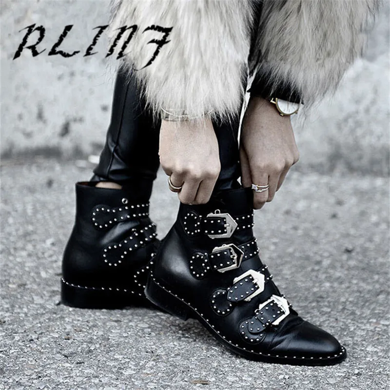 

RLINF New Fashion Flat Leather Pointed Martin Boots Belt Buckle Women's Boots
