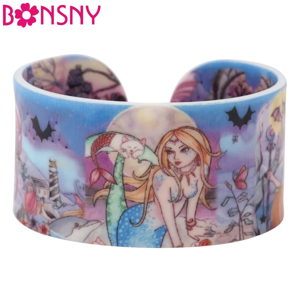 

Bonsny Acrylic Mermaid Pattern Wide Love Halloween Gifts Bracelets Bangles For Women 2017 News Trendy Party Jewelry Accessories