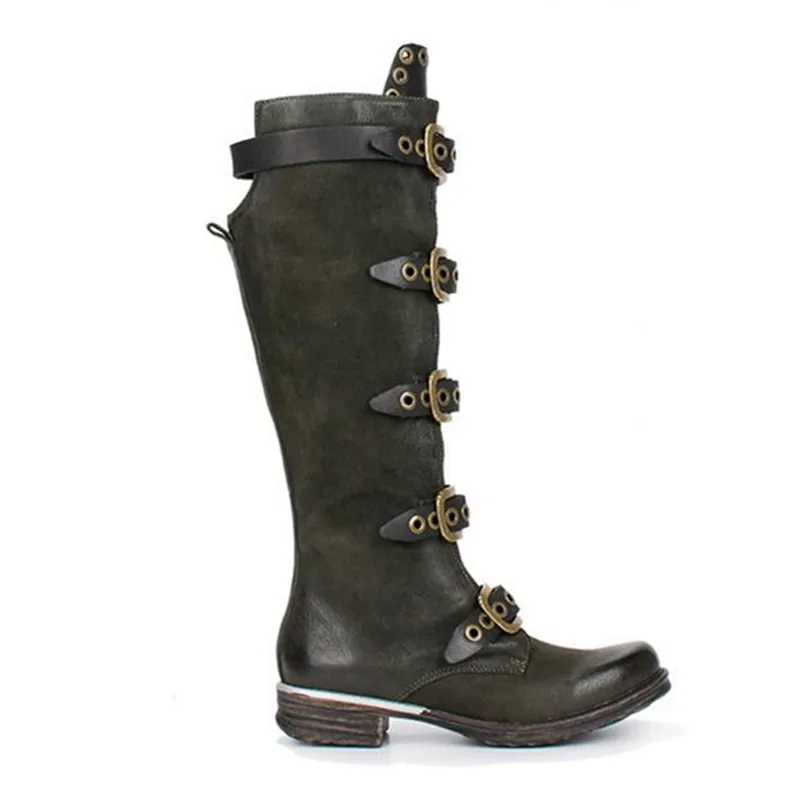 Perfect Jady Rose Punk Style Black Women Knee High Boots Genuine Leather Belt Straps High Boots Female Platform Rubber Flat Riding Boot 15