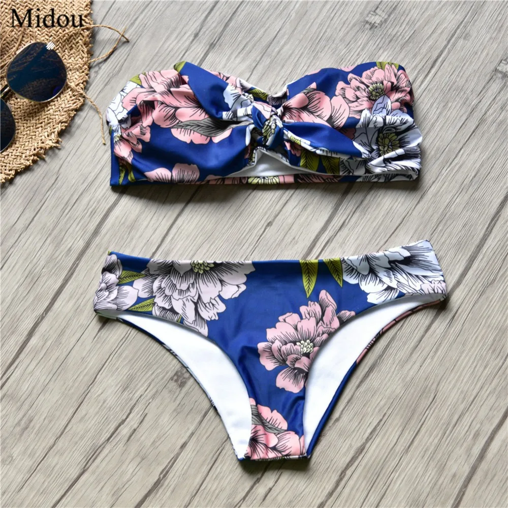 

Midou bow knot swimsuit 2019 women swimwear bikini set floral print biquni tube top bikini mujer strapless bikini push up plus
