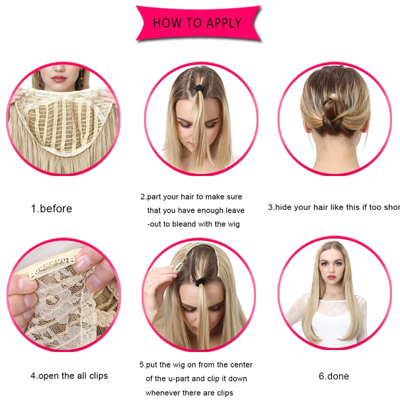 Synthetic 24" 60cm Long Straight U part Half Wig Hair Wigs For Women High Temperature Fiber False Hair Clips Extesion UW03