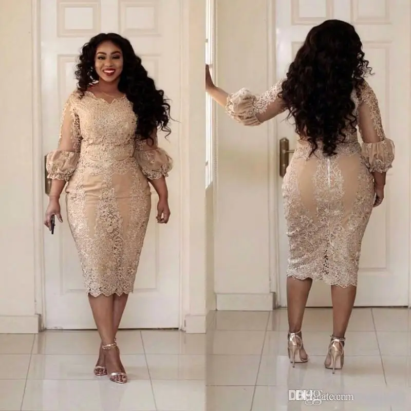 Elegant Gold Mother Of The Bride Dresses 2019 Lace Applique Illusion Long Sleeve Tea Length Evening Gowns Plus Size Cocktail Prom Dress 99