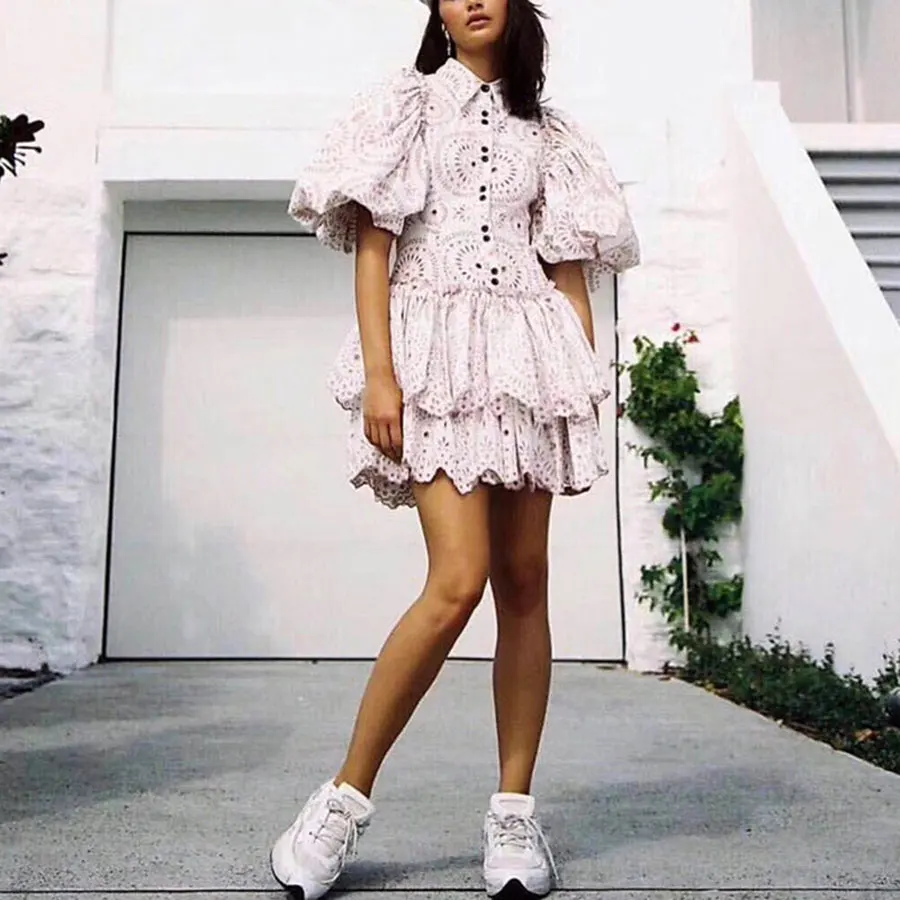

High Quality 2019 Women Dress Ruffled Style Hollow Out Sexy Light Pink Dress Women Holiday and Vocation Sexy Dress for Lady