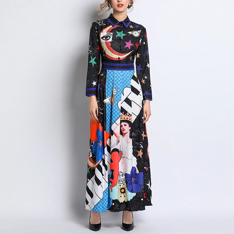

PERHAPS U Black Flower Star Moon Clock Character Patchwork Print Turn Down Collar Long Sleeve Autumn A-line Maxi Dress D1825