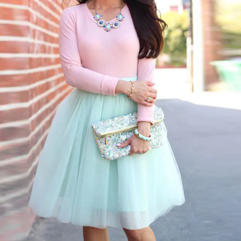 

Mint Green Knee Length Tulle Skirts For Pretty Lady Zipper Style Custom Made Sky Blue Midi Tulle Skirt Women 2018 Female Bottom
