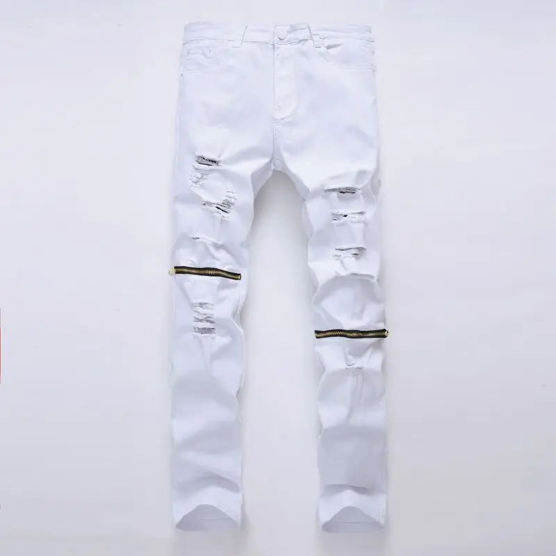 White Ripped Jeans Men With Holes Super Skinny Famous Designer Brand Slim Fit Destroyed Jeans Pencil pants Slim zipper Jeans