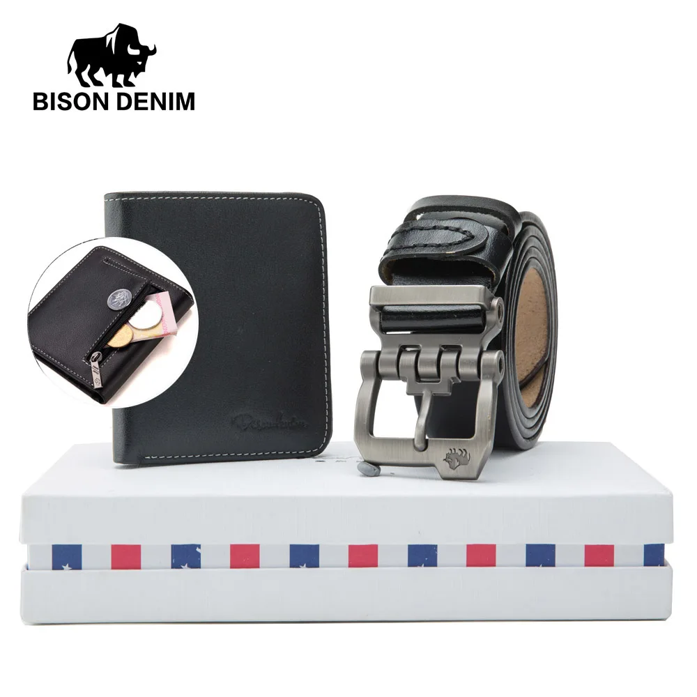 

BISON DENIM Men Belt & Wallet Genuine Leather Set with Box Pin Buckle Male Belt Fashion Wallet for Gift for Man Boy N71223-4429