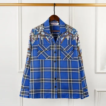 

Top Quality plaid long blouse for women autumn 2018 long sleeve blouse fashion heavy beading sequined blouse shirt