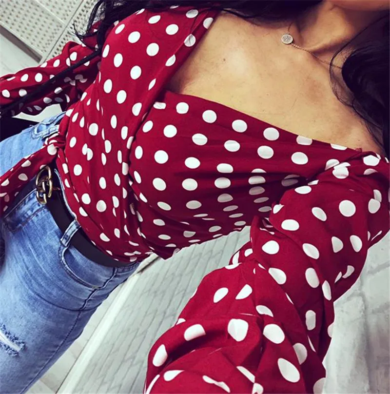 

Autumn Vintage New Women Blouses Slim Deep V Neck Lace up Polka Dot Lady Tops Long Sleeve Casual Female Outfits