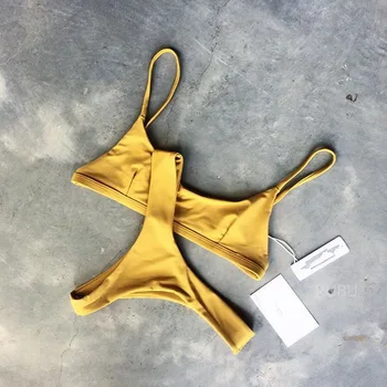 

Bikini Women Yellow Solid Female Two Piece Swimwear Sexy Push Up Swimsuite