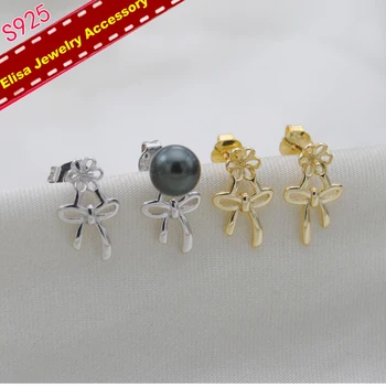 

S925 Sterling Silver Bowknot Pearl Earrings Settings Women DIY Pearl Earrings Findings Silver&Gold Color 3Pairs/Lot