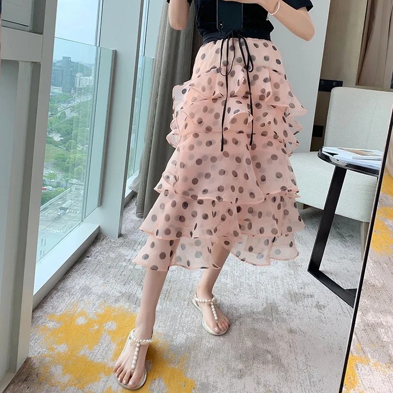 TWOTWINSTYLE Casual Polka Dot Skirt For Women High Waist Bandage Ruffles Slim Chiffon Skirts Female Fashion Summer New