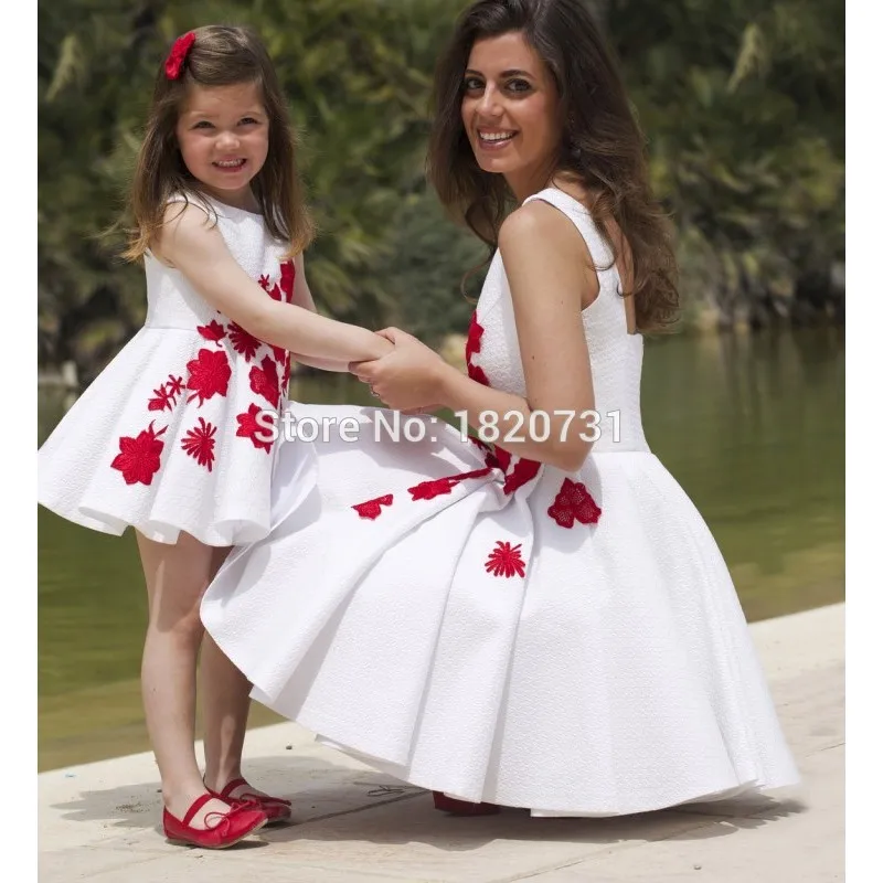 Elegant-White-Short-Prom-Dresses-with-Red-Appliques-A-line-Tank-Top-Draped-Skirt-Daughter-Mother