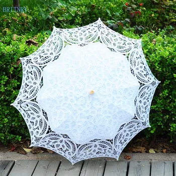 

BRITNRY Fashion Handmade Sun Umbrella Cotton Wedding Umbrella Lace Embroidery Beige White Umbrella Wedding Accessories