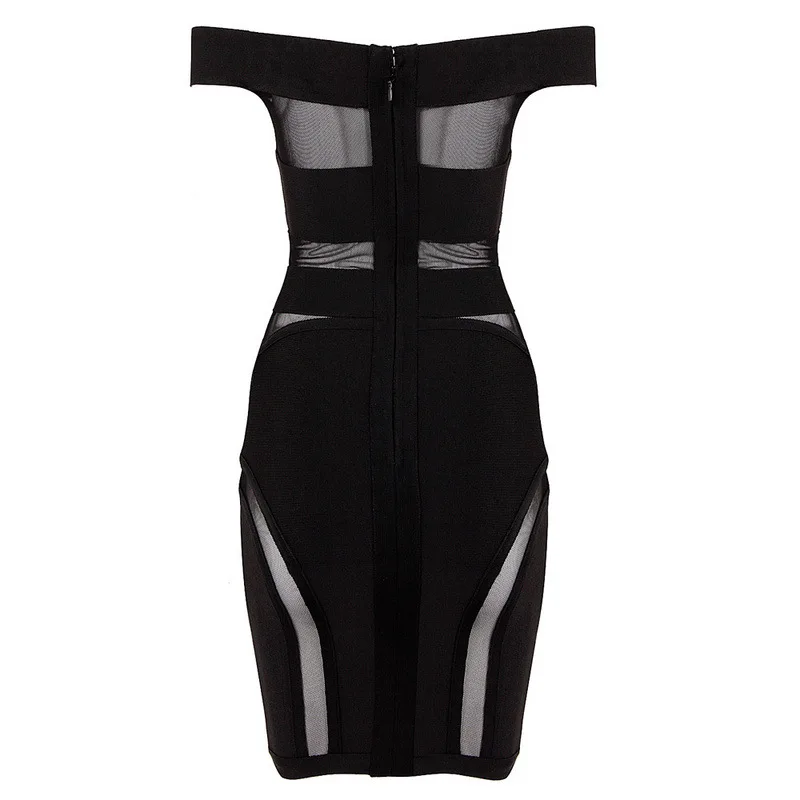 Elegant Black Off Shoulder Bandage Dress Sexy Sheer Mesh Patchwork Slash Neck Wrapped Robe Femme Bodycon Mini Party Dress 2018 (3)