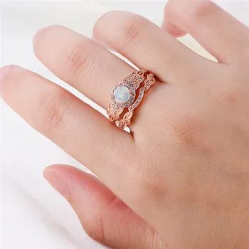 

JUNXIN Luxury Women White Opal Stone Ring Fashion Rose Gold Filled Jewelry Vintage Zircon Wedding Ring Set Cute Engagement Ring