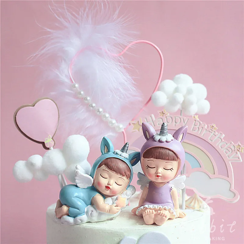 Sitting Blue Pink Boy Girl Decoration Unicorn Happy Birthday Children Cake Toppers for Wedding Party Supplies Baking Sweet Gifts