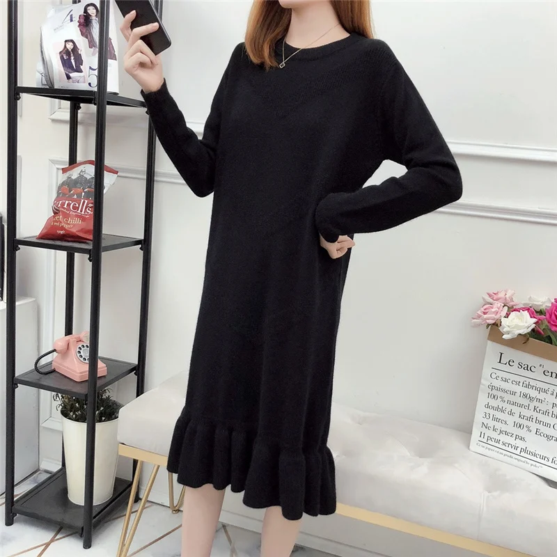 chic Winter Black Sweater Dress Women O-neck Long Sleeve Mid-Calf thick Knit Dress bodycon female slim girl short dress