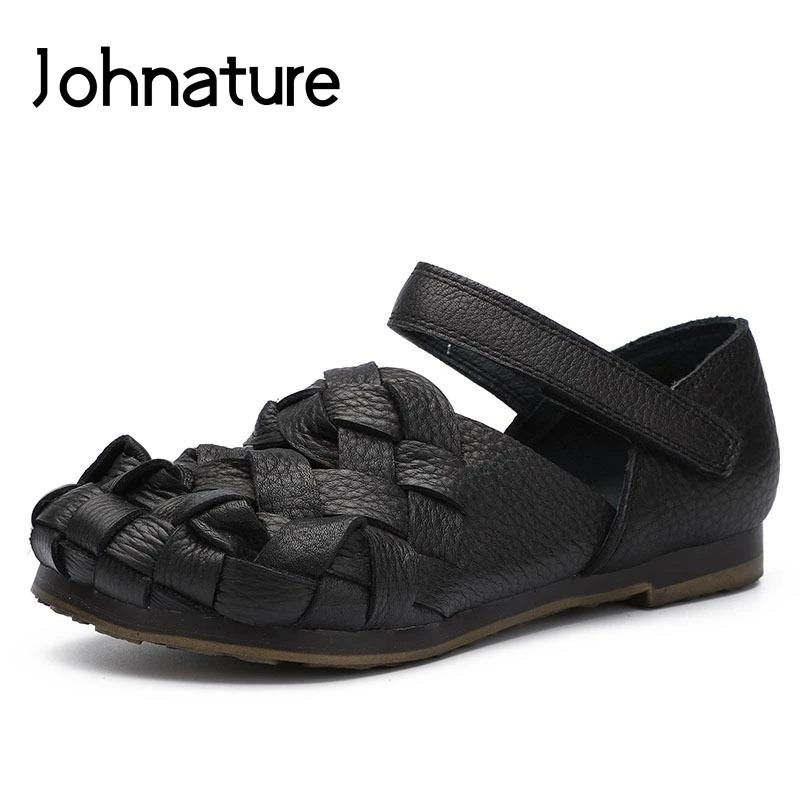 

Johnature Sandal For Women Genuine Leather Round Toe Retro Casual Sandals Low Heel