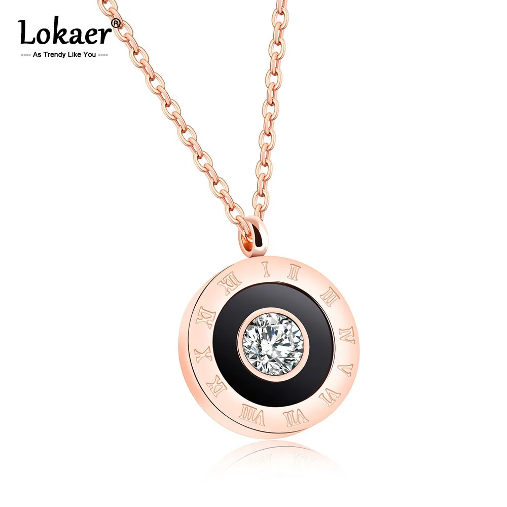 

Lokaer Rose Gold CZ Crystal Roman Numeral Pendant Necklace For Women Stainless Steel Link Chain Black Acrylic Necklace OGX1196