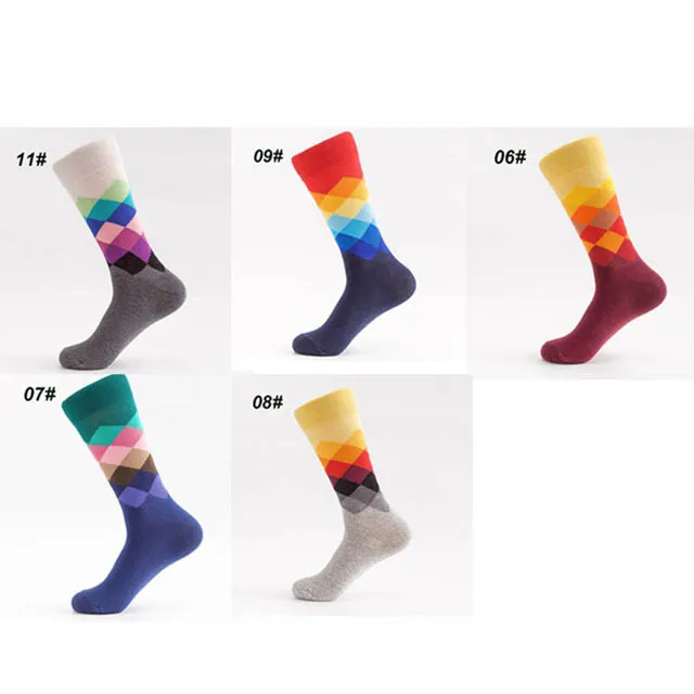Мужские забавные цветные носки из чесаного хлопка, повседневные дизайнерские носки с принтом Happy Red Argyle, нарядные свадебные носки для мужчин, подарки, 5 пар/лот - Цвет: Хаки