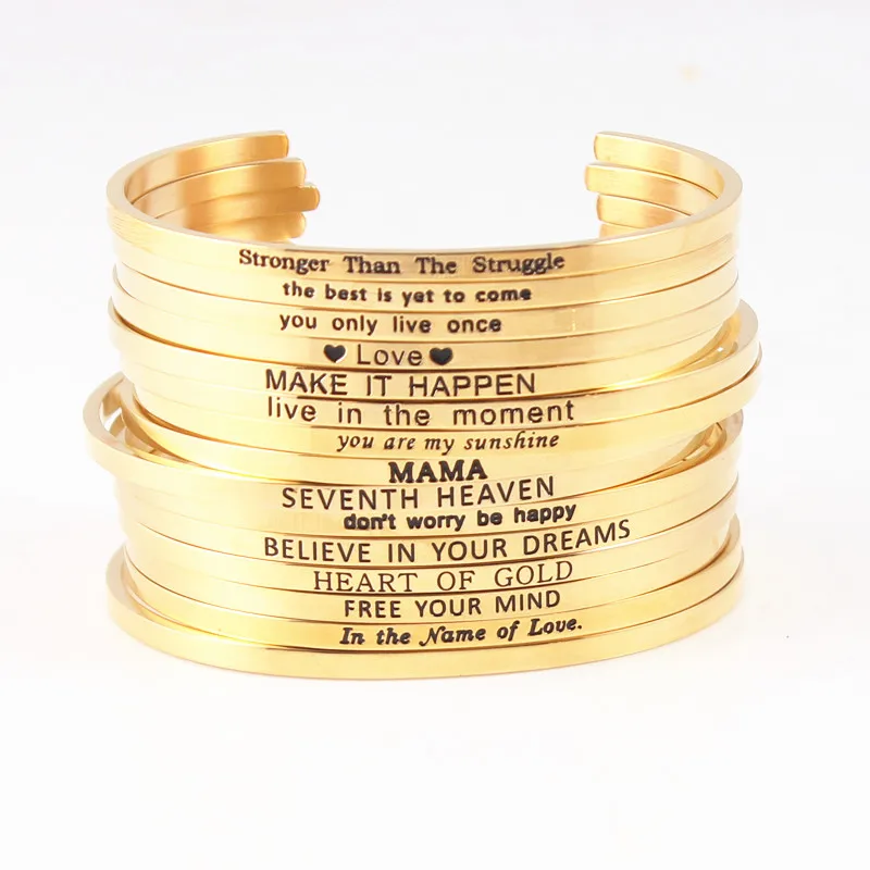 

Gold Stainless Steel Engraved Bangle Personalized Positive Inspirational Letter Bracelet & Bangle For Women
