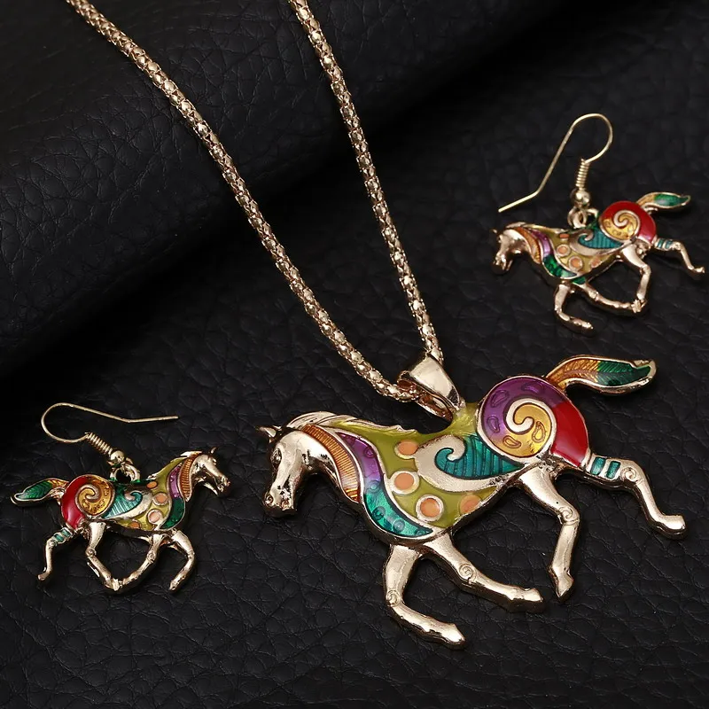 Vintage Colorful Horse Jewelry Sets Female Delicate Gold/Silver Plated