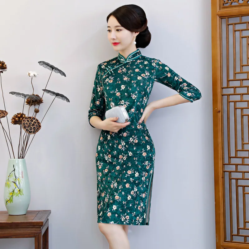 Велюр новый китайский традиционный для женщин Qipao Винтаж восточный женский Cheongsam Новинка торжественное платье плюс размеры 3XL 4XL