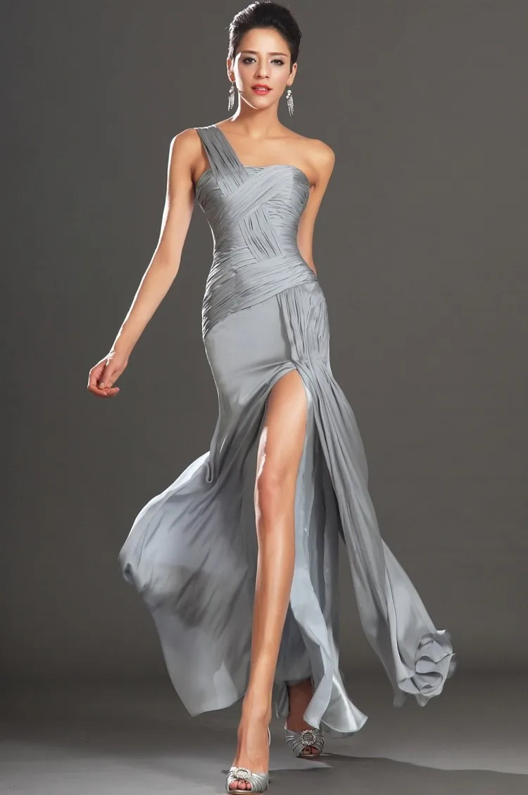 Sexy Women Formal Dress Silver Grey Pleated One Shoulder High Slit Chiffon Evening -5907