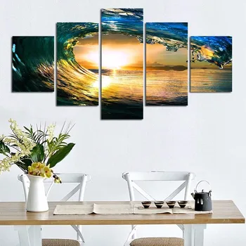 

5 Piece Wall Art Sunset Sea Wave wall pictures for living room large Canvas Wall Art huge Modern Ocean Decor Printed Painting