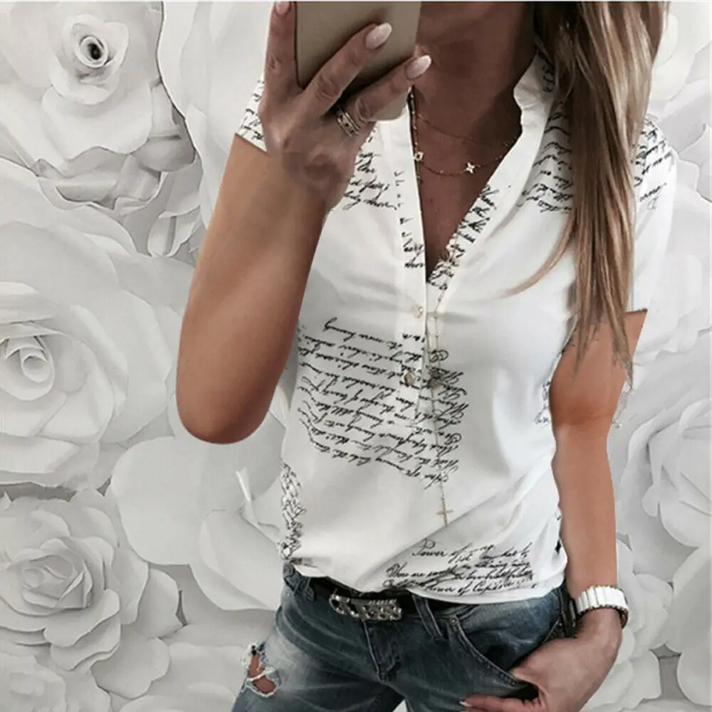 

Women Casual Loose V Neck Short Sleeve Tops Blouse Summer Print Ladies Wild Soft Shirts 2019 New Plus Size S-3XL