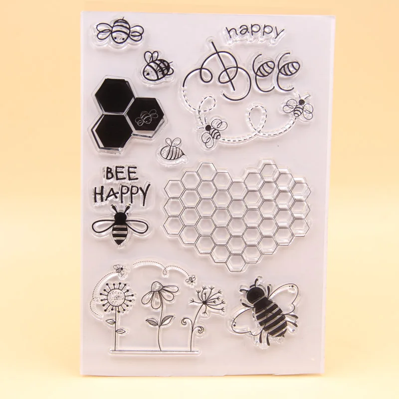 BUZHI Happy Bee Flower Silicone Clear Seal Stamp DIY Scrapbooking Embossing Photo Album Decorative Paper Card Craft Art Handmade Gift for Birthday 