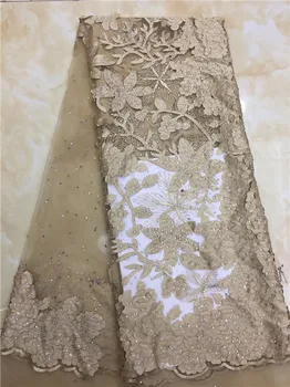 

2018 high quality lace Champagne Gold French net lace fabric 3D flowers African tulle lace with stones for party X3