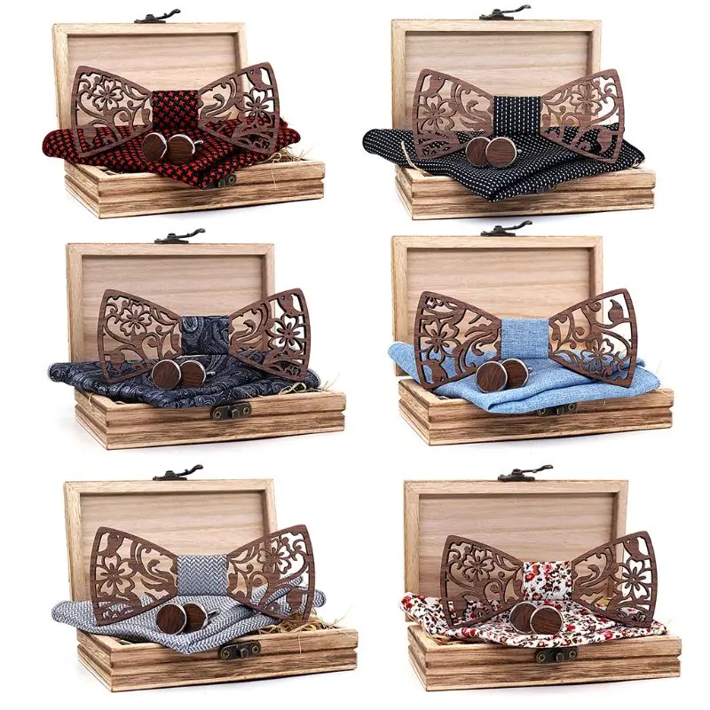  Wooden Bow Tie Men Black Walnut Flower Hollowed Wedding Party Business Wood Bow Tie Set Handkerchie