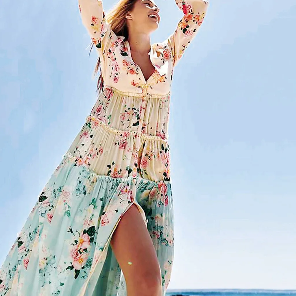 

vestidos Women's Summer Dress 2019 Bohemian Printed Waist V-Collar Chiffon Beach Long Dresses Holiday Beach Party Ladies Dress