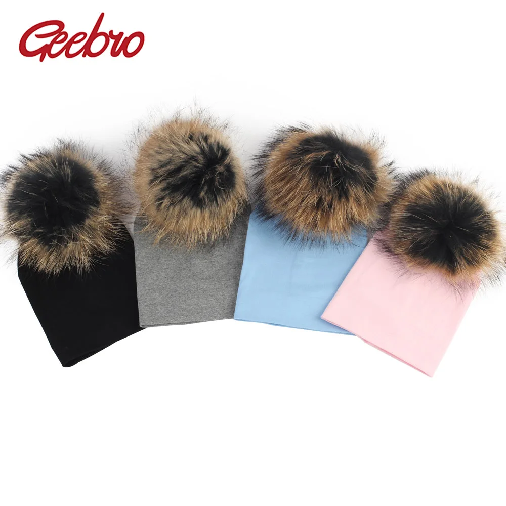 

Geebro Newborn Baby Beanie Hat Autumn Cotton Raccoon Fur Pompom Skullies Beanies Boys and Girls Slouchy Bonnet Hat Real Pompon