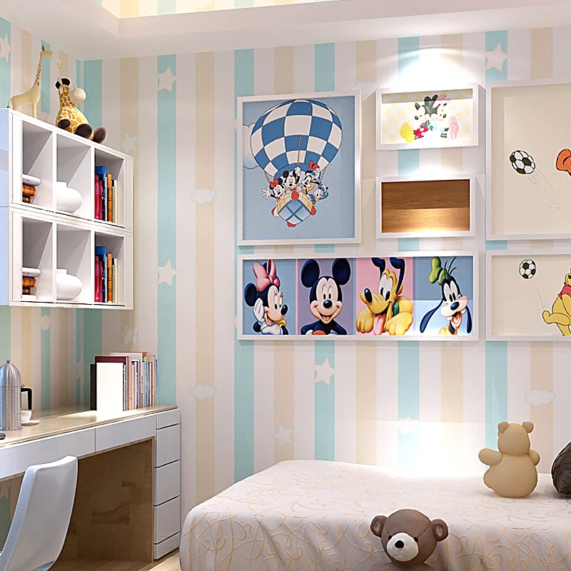 

Kids Room Princess Room Non-woven Wall paper Blue Pink Vertical Striped Bedroom TV backdrop Boy Girl Room Cartoon Wallpaper Star