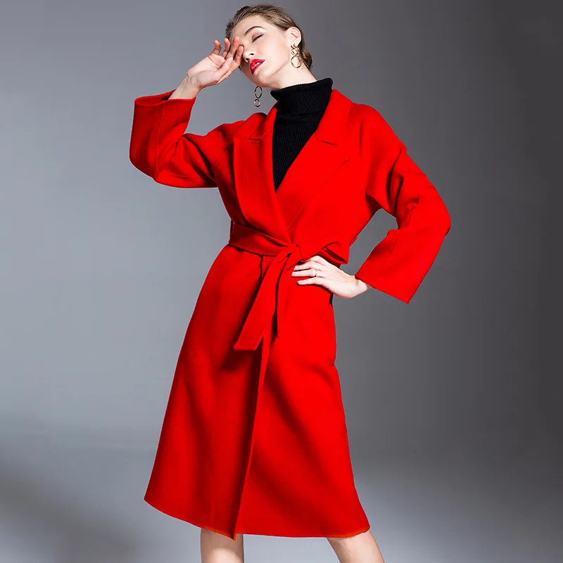 

Autumn and winter new stylish trench slim red double-faced cashmere overcoat casual long woolen windbreaker for women 1807016