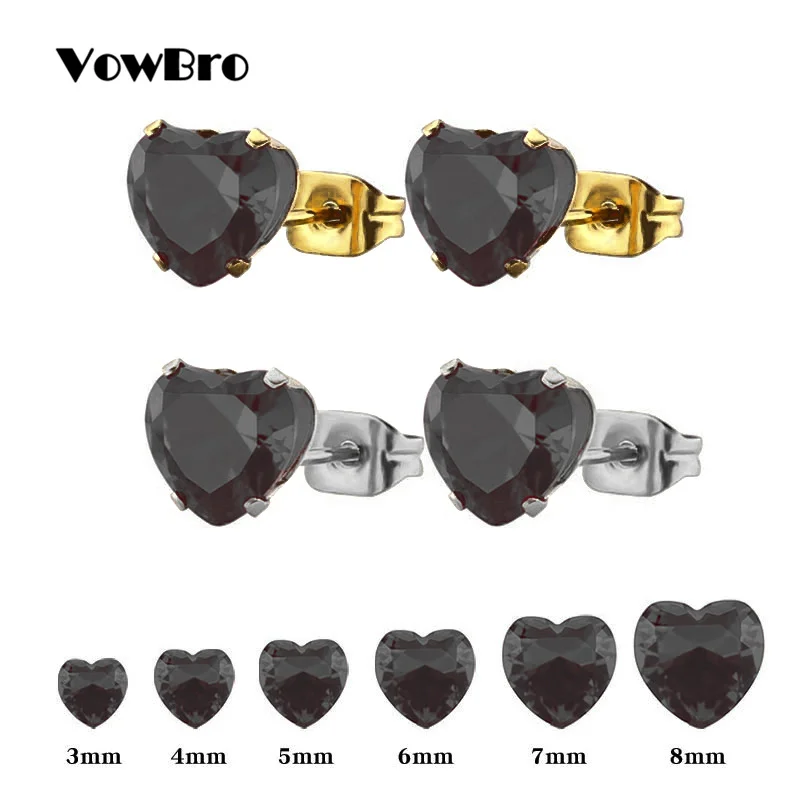 

VowBro 1Pair Fashion Steel Black Heart Shape Ear Piercing Silver&Gold Earrings Stud Ear Crystal For Earring