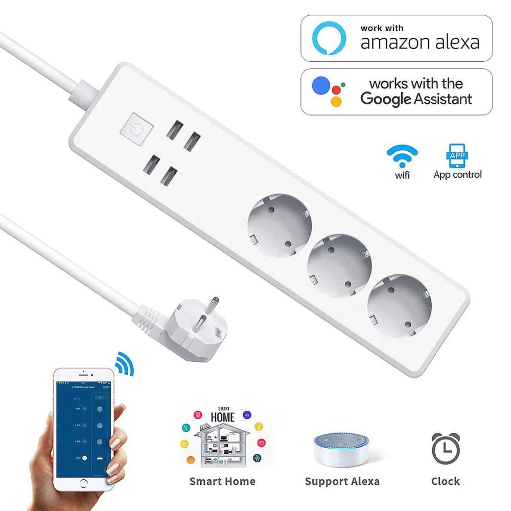 Wi Fi Мощность розетка Smart Стабилизатор напряжения с 4 USB и 3 вилка европейского