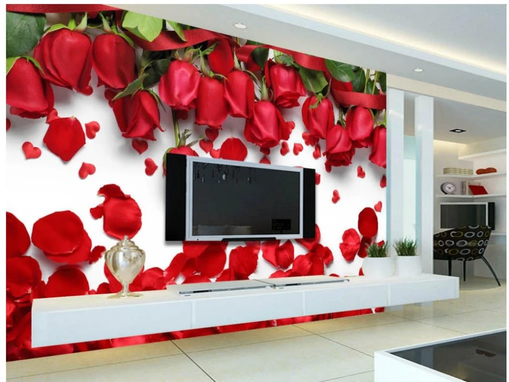 3d壁壁画カスタム写真壁紙赤いバラ花びら壁紙3dの花ホーム装飾壁紙浴室 Wallpaper Bathroom Petal Wallpaperwallpaper Red Aliexpress