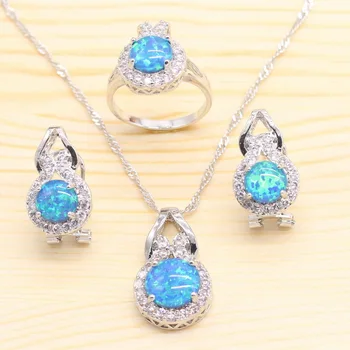 

Australia Blue Opal Silver Color Jewelry Sets For Women Christmas Gift Necklace Pendant Hoop Earrings Rings Free Jewelry Box
