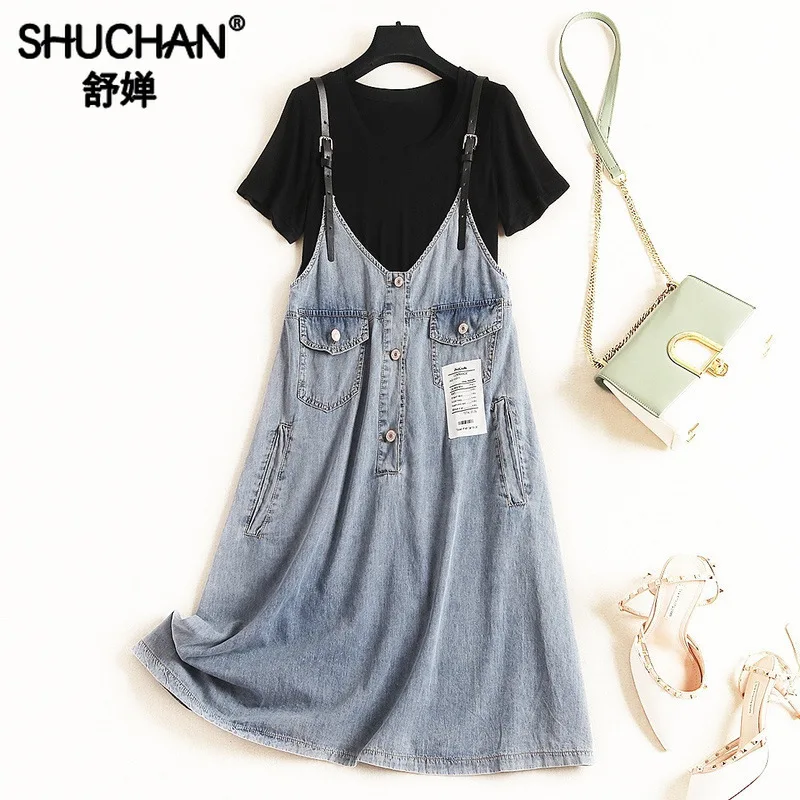 

Shuchan Women 2 Piece Set T-shirt+cotton Denim Dress To Knee Length Fashionable Sets for Women Leisure Suits 2019 Summer 51705