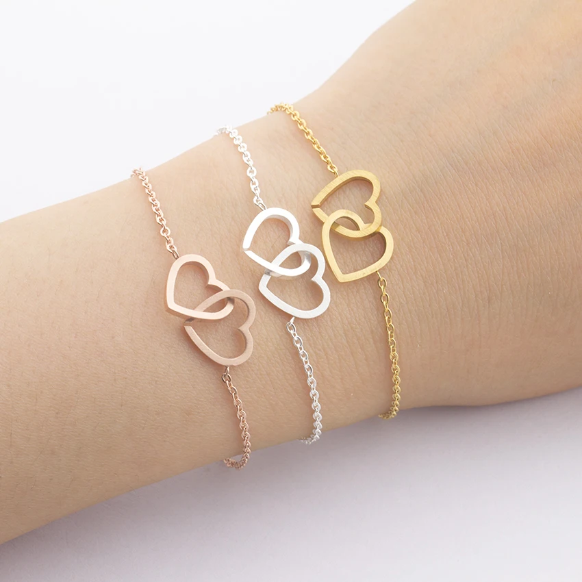 

Stainless Steel Dainty Double Heart Bracelet Femme Rose Gold Chain Couple Bracelets For Women Jewelry Pulseras Bridesmaid Gift